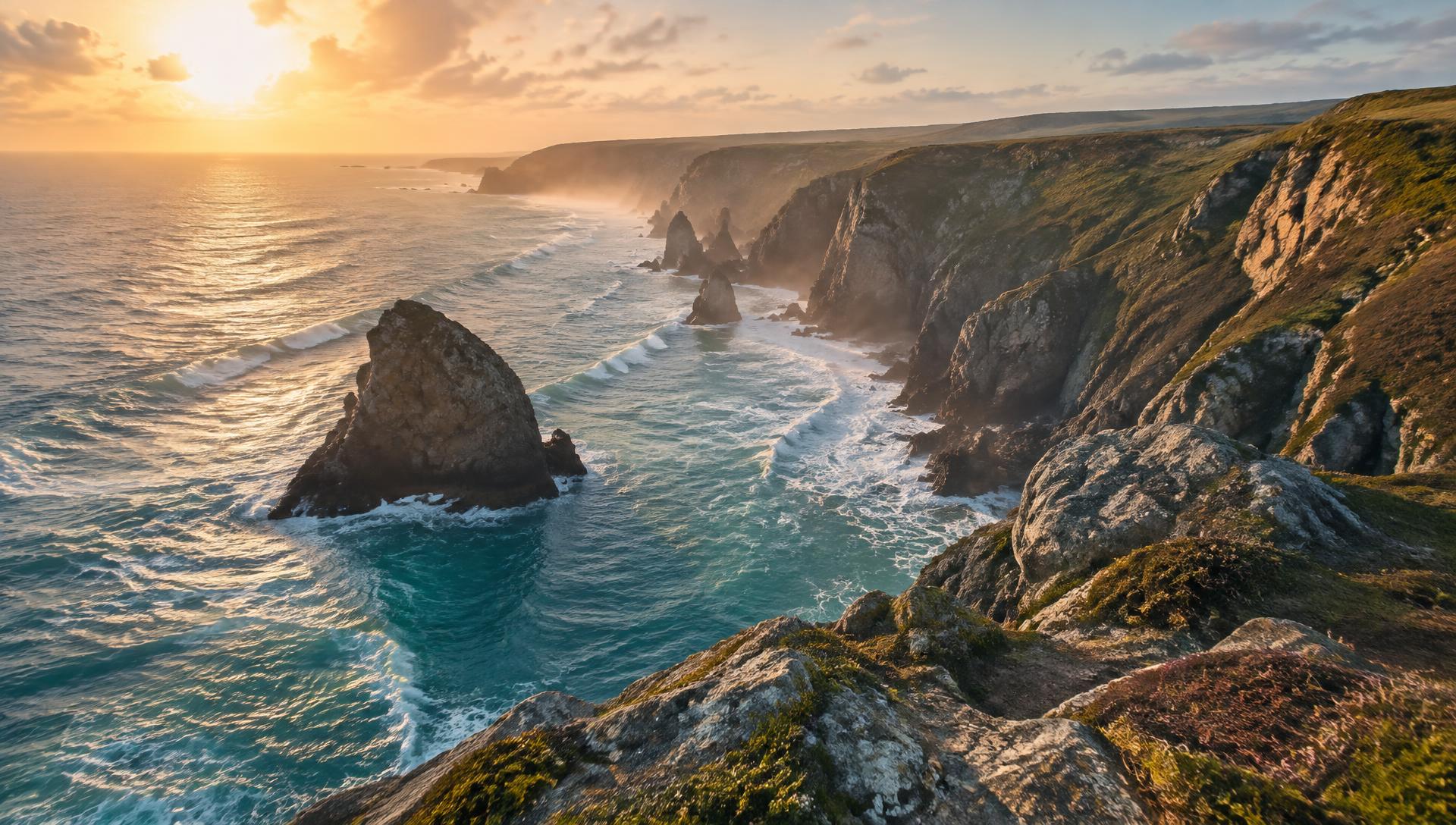 Atlantic cliffs and sea at sunset on the South West coast